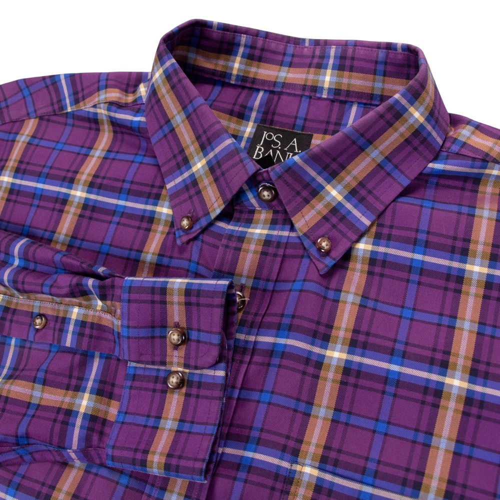 JOS A BANK Traveler Mens XL Purple Plaid Long Sleeve Button Down Shirt‎